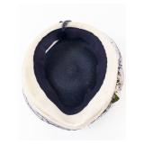 Navy Straw Fascinator Hat - Floral Netting, White Flowers & Green Leaves