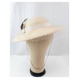 Fabini New York Cream Felt Hat with Veil, Satin Ribbon Band & Feather