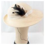 Fabini New York Cream Felt Hat with Veil, Satin Ribbon Band & Feather