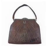 Vintage Leather Handbag - Art Deco Geometric Pattern, Braided Top-Handle