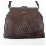 Vintage Leather Handbag - Art Deco Geometric Pattern, Braided Top-Handle