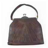 Vintage Leather Handbag - Art Deco Geometric Pattern, Braided Top-Handle