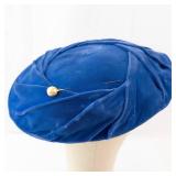 Blue Velvet Turban Hat with Pearl Pin