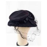Nat Frank New York Black Felt Hat With Veil & Bow - Vintage Headpiece
