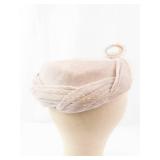 Vintage Blush Pink Velvet Pillbox Hat with Feather Accent