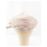 Vintage Blush Pink Velvet Pillbox Hat with Feather Accent