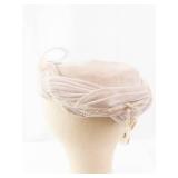 Vintage Blush Pink Velvet Pillbox Hat with Feather Accent