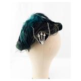 Gorgeous Vintage Dark Green Velvet Pillbox Hat - Teal Feathers & Rhinestone Centerpiece