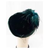 Gorgeous Vintage Dark Green Velvet Pillbox Hat - Teal Feathers & Rhinestone Centerpiece