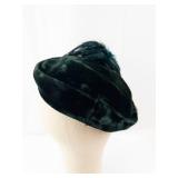 Gorgeous Vintage Dark Green Velvet Pillbox Hat - Teal Feathers & Rhinestone Centerpiece