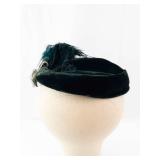 Gorgeous Vintage Dark Green Velvet Pillbox Hat - Teal Feathers & Rhinestone Centerpiece