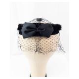 Black Fascinator Headpiece with Net Veil, Faux Fur Trim & Satin Bow