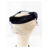 Black Fascinator Headpiece with Net Veil, Faux Fur Trim & Satin Bow
