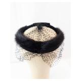 Black Fascinator Headpiece with Net Veil, Faux Fur Trim & Satin Bow