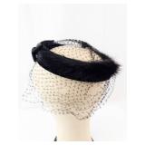 Black Fascinator Headpiece with Net Veil, Faux Fur Trim & Satin Bow
