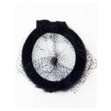Black Fascinator Headpiece with Net Veil, Faux Fur Trim & Satin Bow