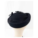 Glenover Henry Pollak NY Black Velvet Hat with Net Veil and Ribbon Bows