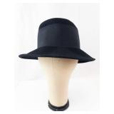 Black Felt Cloche Hat with Ribbon Bow - Wide Brim, Vintage