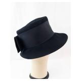 Black Felt Cloche Hat with Ribbon Bow - Wide Brim, Vintage