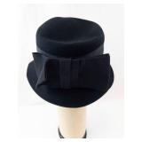 Black Felt Cloche Hat with Ribbon Bow - Wide Brim, Vintage