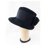 Black Felt Cloche Hat with Ribbon Bow - Wide Brim, Vintage
