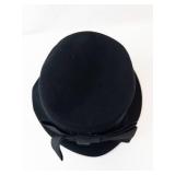 Black Felt Cloche Hat with Ribbon Bow - Wide Brim, Vintage