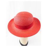 Vintage Red Straw Sun Hat - Wide Brim with Ribbon Band