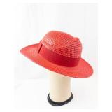 Vintage Red Straw Sun Hat - Wide Brim with Ribbon Band