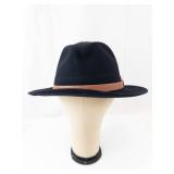 Black Felt Fedora Hat - Wide Brim, Brown Leather Band & Feather Accent
