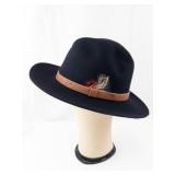 Black Felt Fedora Hat - Wide Brim, Brown Leather Band & Feather Accent