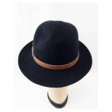 Black Felt Fedora Hat - Wide Brim, Brown Leather Band & Feather Accent