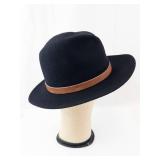 Black Felt Fedora Hat - Wide Brim, Brown Leather Band & Feather Accent