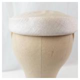 Beige Pillbox Hat - Circular Crown, Linen-Look Fabric, Vintage Style