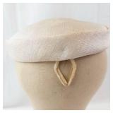 Beige Pillbox Hat - Circular Crown, Linen-Look Fabric, Vintage Style