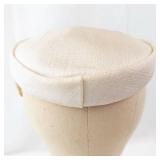 Beige Pillbox Hat - Circular Crown, Linen-Look Fabric, Vintage Style