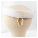 Beige Pillbox Hat - Circular Crown, Linen-Look Fabric, Vintage Style