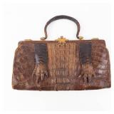 Vintage Crocodile-Pattern Leather Handbag - Gold-Tone Clasp - Brown