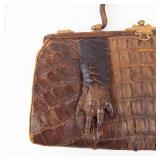 Vintage Crocodile-Pattern Leather Handbag - Gold-Tone Clasp - Brown