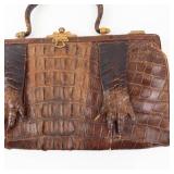 Vintage Crocodile-Pattern Leather Handbag - Gold-Tone Clasp - Brown