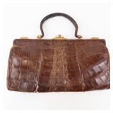 Vintage Crocodile-Pattern Leather Handbag - Gold-Tone Clasp - Brown