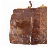 Vintage Crocodile-Pattern Leather Handbag - Gold-Tone Clasp - Brown