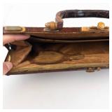 Vintage Crocodile-Pattern Leather Handbag - Gold-Tone Clasp - Brown