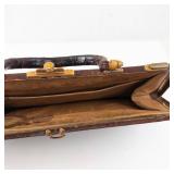 Vintage Crocodile-Pattern Leather Handbag - Gold-Tone Clasp - Brown