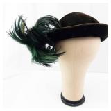 Marshall Field & Company Vintage Black Velvet Cloche Hat with Emerald Green Ostrich Feather Plume
