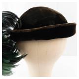 Marshall Field & Company Vintage Black Velvet Cloche Hat with Emerald Green Ostrich Feather Plume