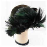 Marshall Field & Company Vintage Black Velvet Cloche Hat with Emerald Green Ostrich Feather Plume