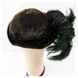 Marshall Field & Company Vintage Black Velvet Cloche Hat with Emerald Green Ostrich Feather Plume