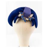 Replica De Parisienne Blue Velvet Beret with Crystal Leaf Brooch - Made in Italy