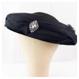 Black Pillbox Hat with Netting & Rhinestone Brooch - Fascinator