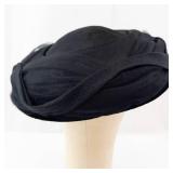 Black Pillbox Hat with Netting & Rhinestone Brooch - Fascinator